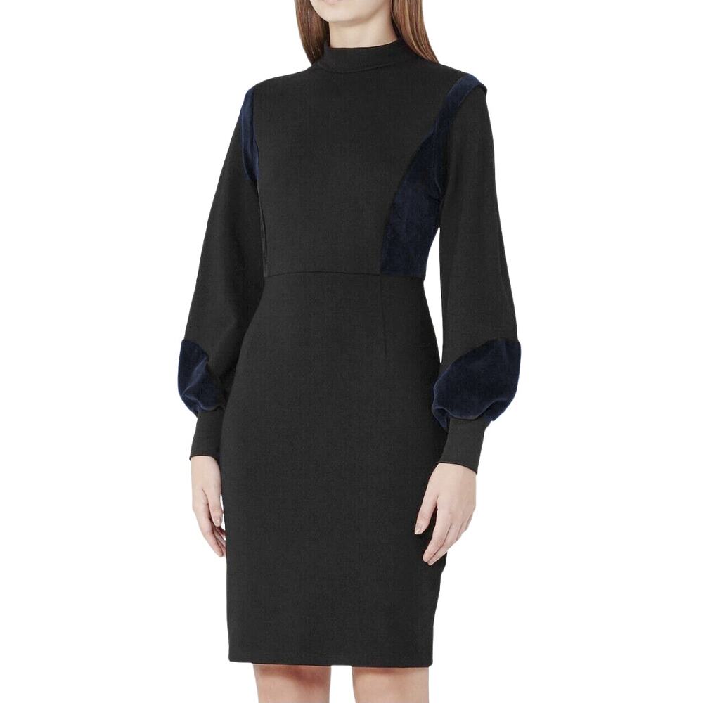 REISS Lulu Velvet Panel Ponte Sheath Dress Long Sleeves in Black / Blue Bodycon